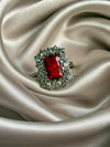 Delicate Square Flower Silver Color White Red zirconia Stone Ring